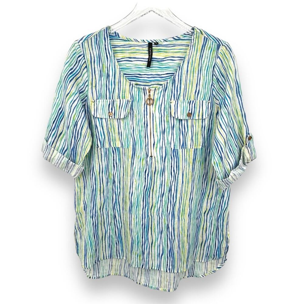Cathy tunic M petite linen blend short tab sleeve zip front stripe beach resort